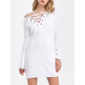Long Sleeve Lace-Up Ribbed Tunic Dress
