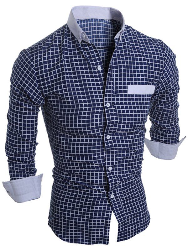 

Long Sleeve Checked Button Down Casual Shirt, Cadetblue