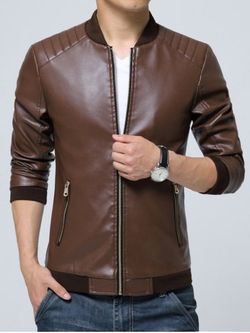 Pocket Zippered Faux Leather Jacket - COFFEE - XL