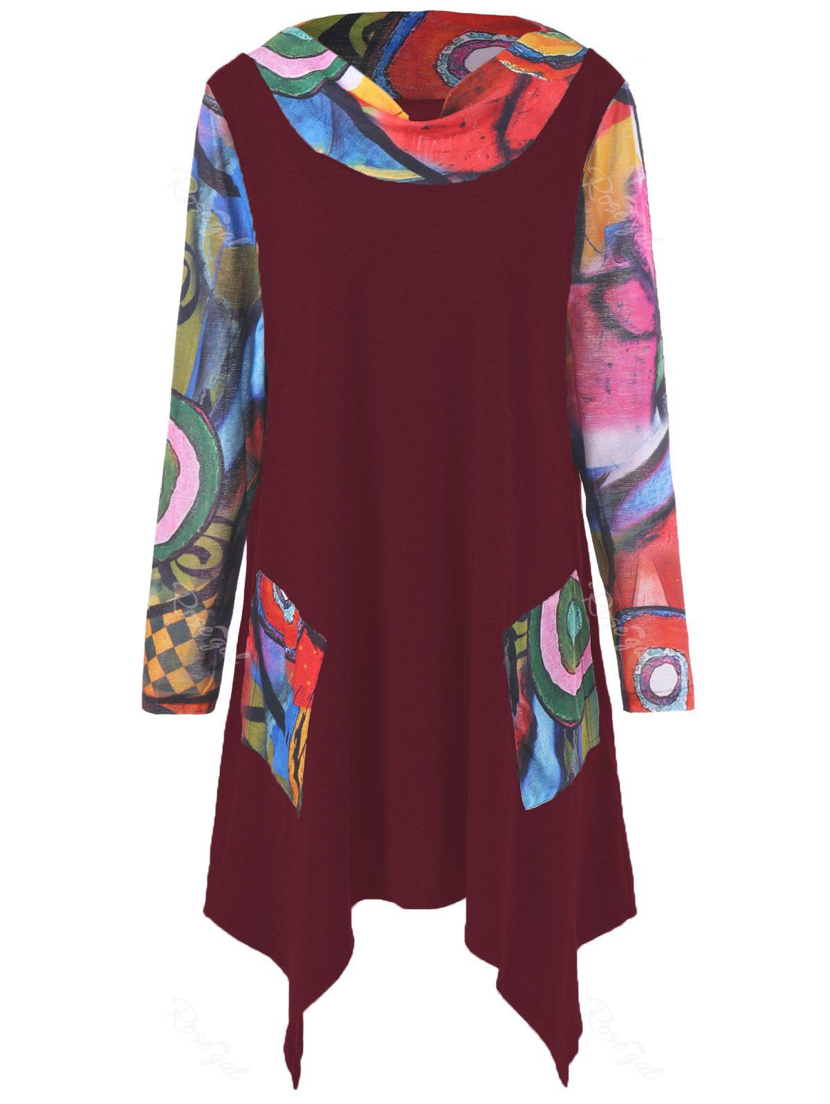 

Oil Painting Pattern Asymmetrical Longline T-Shirt, Wine red