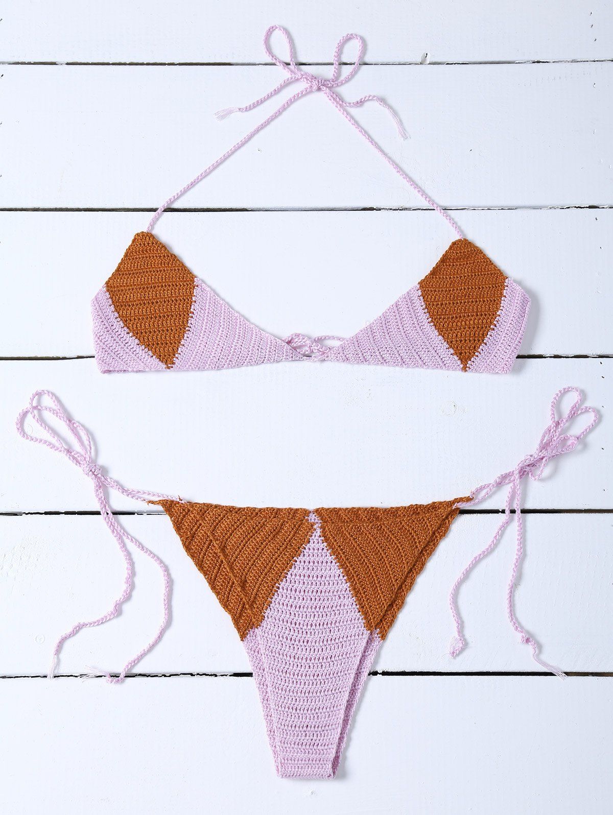 Discount Color Block Knitted String Bikini  