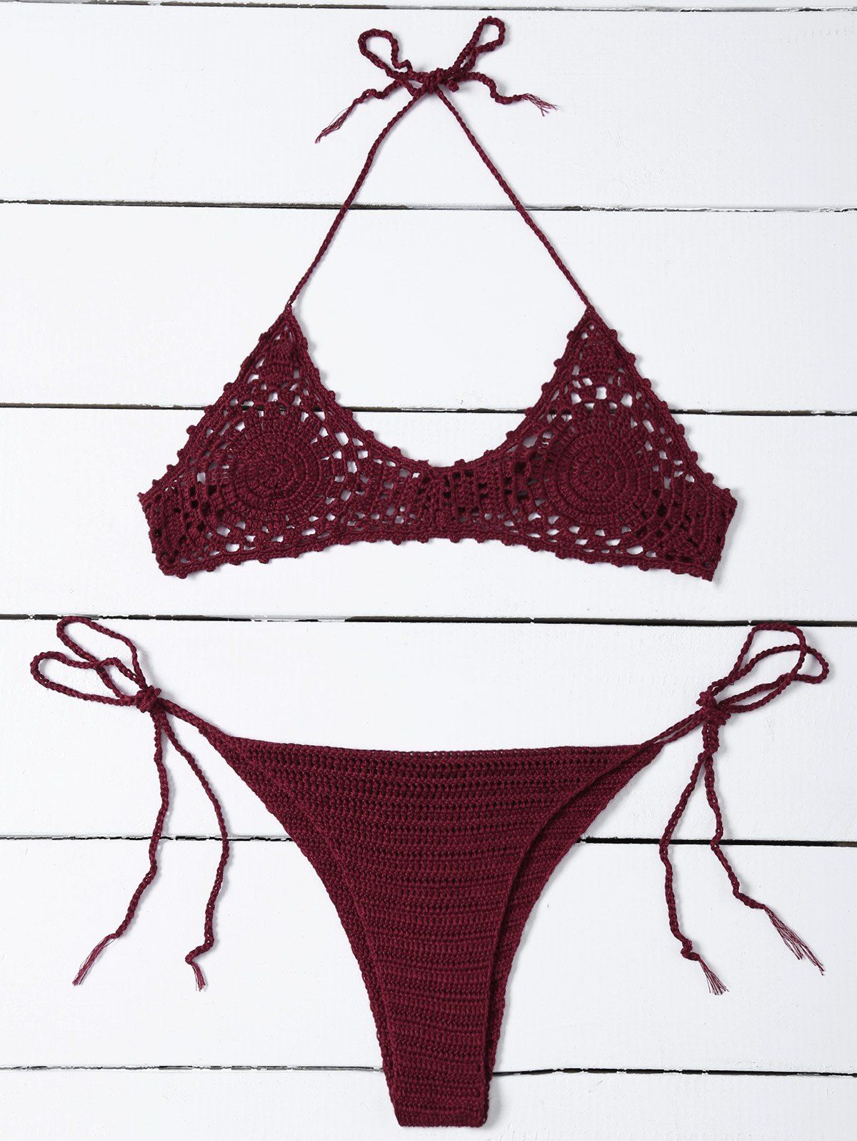 [25% OFF] Halter Crochet Knitted Bikini | Rosegal