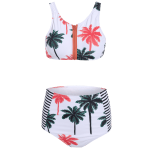 White M Palm Print High Waisted Bikini With Crop Top | RoseGal.com