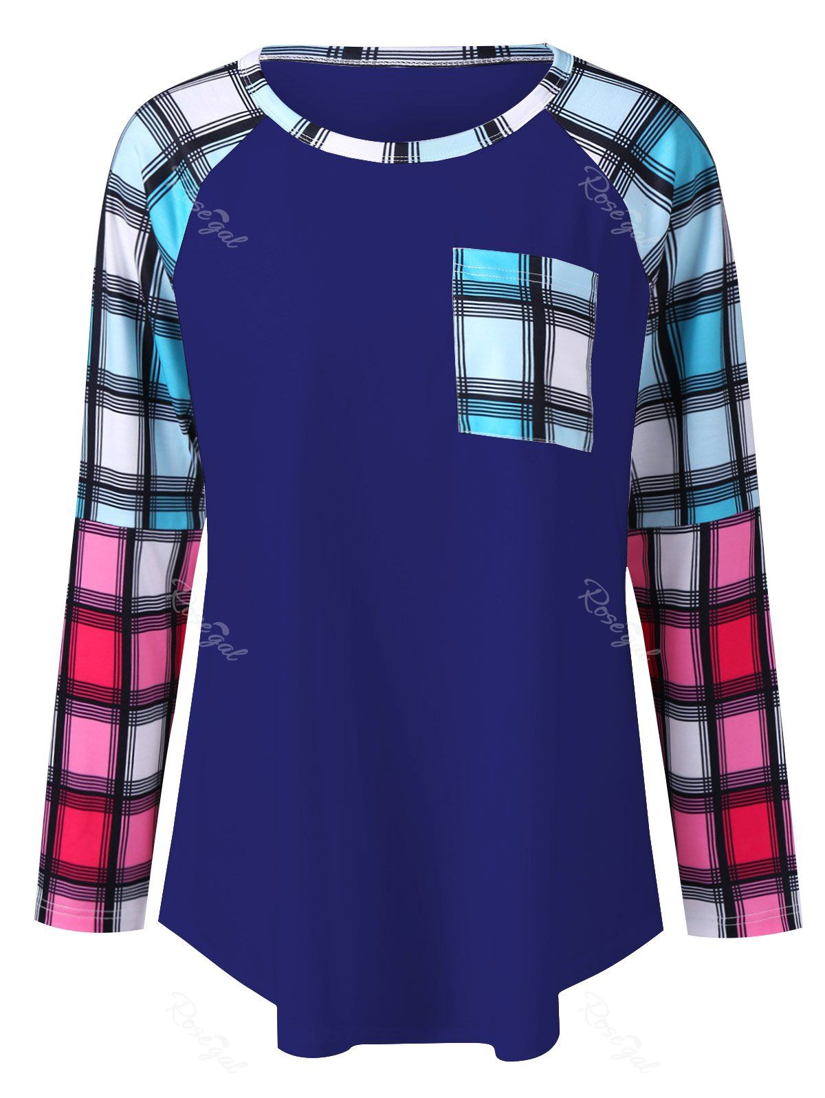 

Plus Size Raglan Sleeves Long Plaid T-Shirt, Blue
