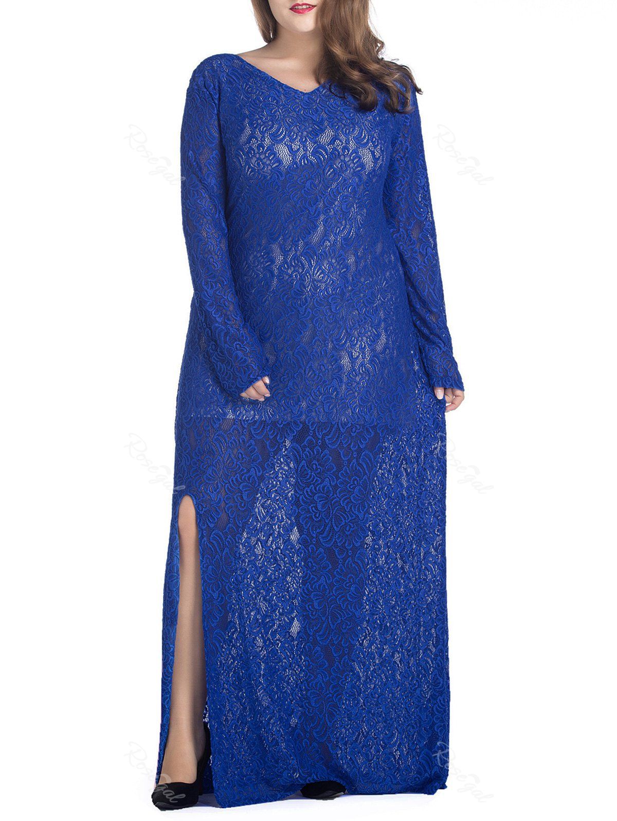 

Plus Size Maxi Lace Long Sleeve Sheer Dress, Blue
