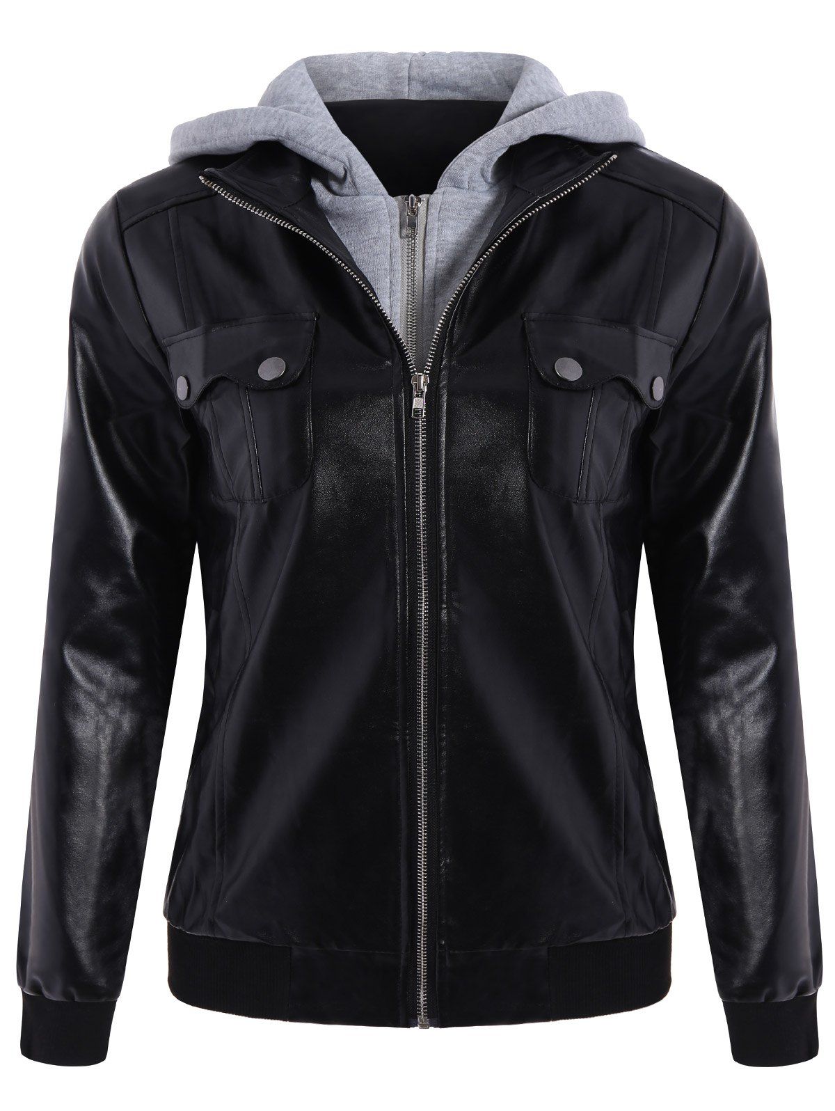 [71% OFF] Fashionable Hooded Pocket Design Black Faux Leather Jacket ...