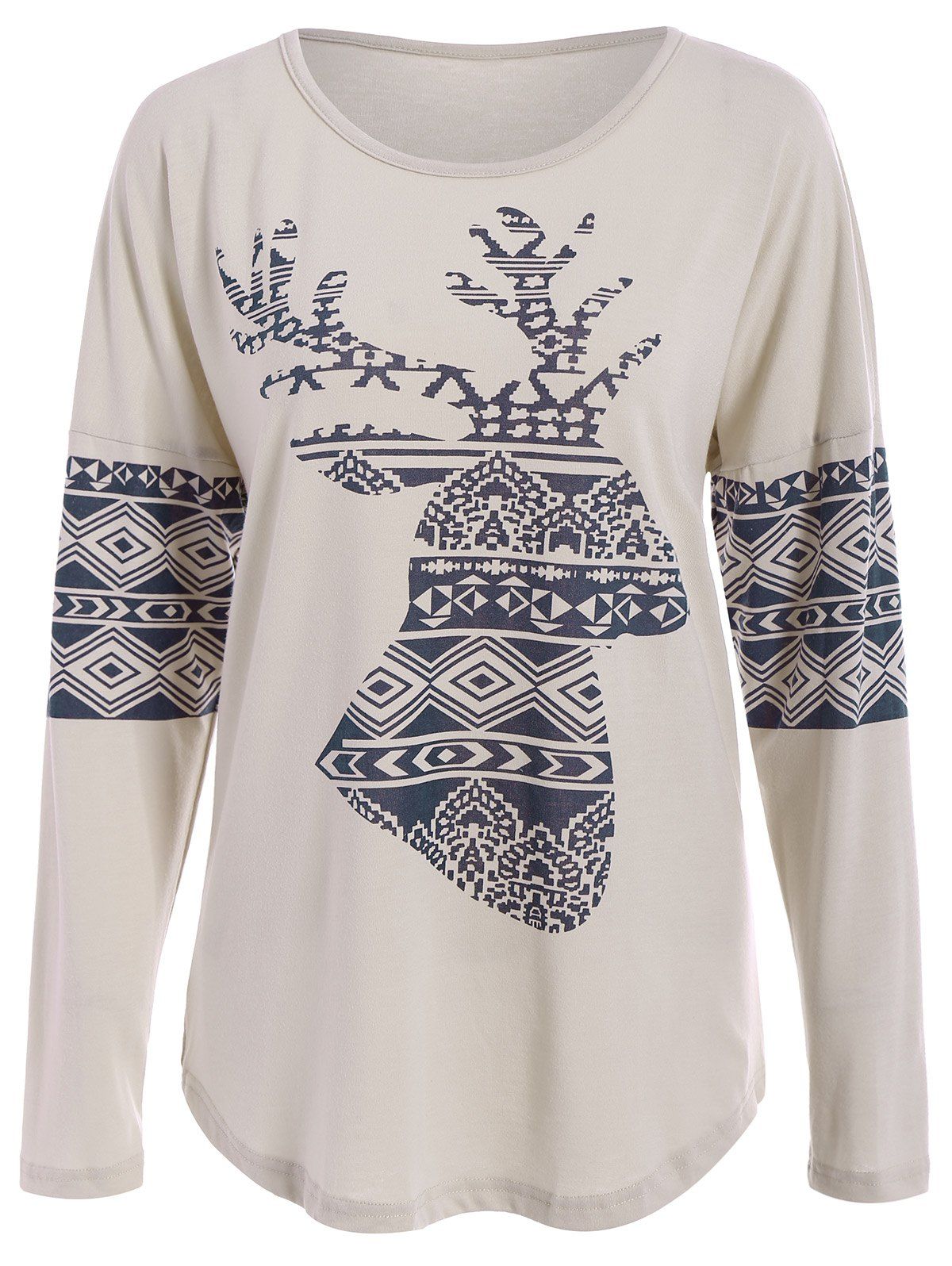 

Casual Scoop Neck Long Sleeve Elk Printed Christmas T-Shirt For Women, Apricot