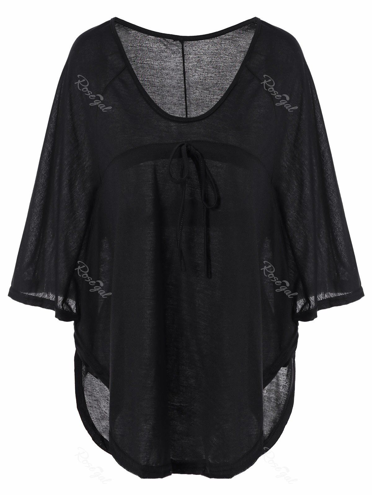 

Plunging Neckline Plain Loose-Fitting Half Sleeve T-Shirt, Black