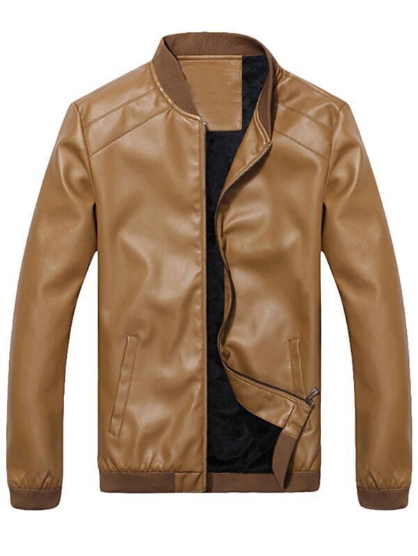 Fancy Side Pocket Zip Up Faux Leather Flocking Jacket  