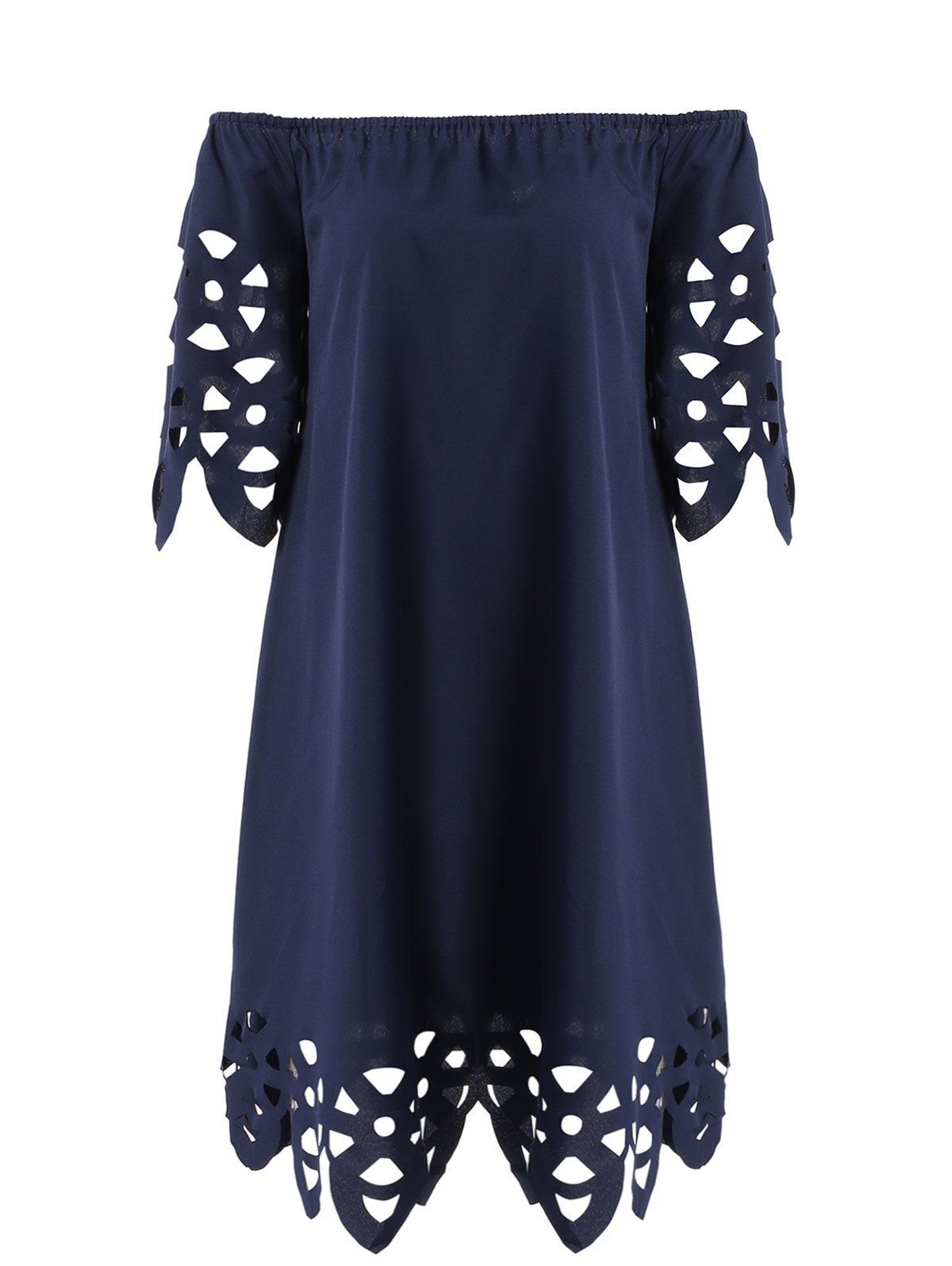 Purplish Blue Xl Openwork Off-the-shoulder Shift Casual Dress Day ...