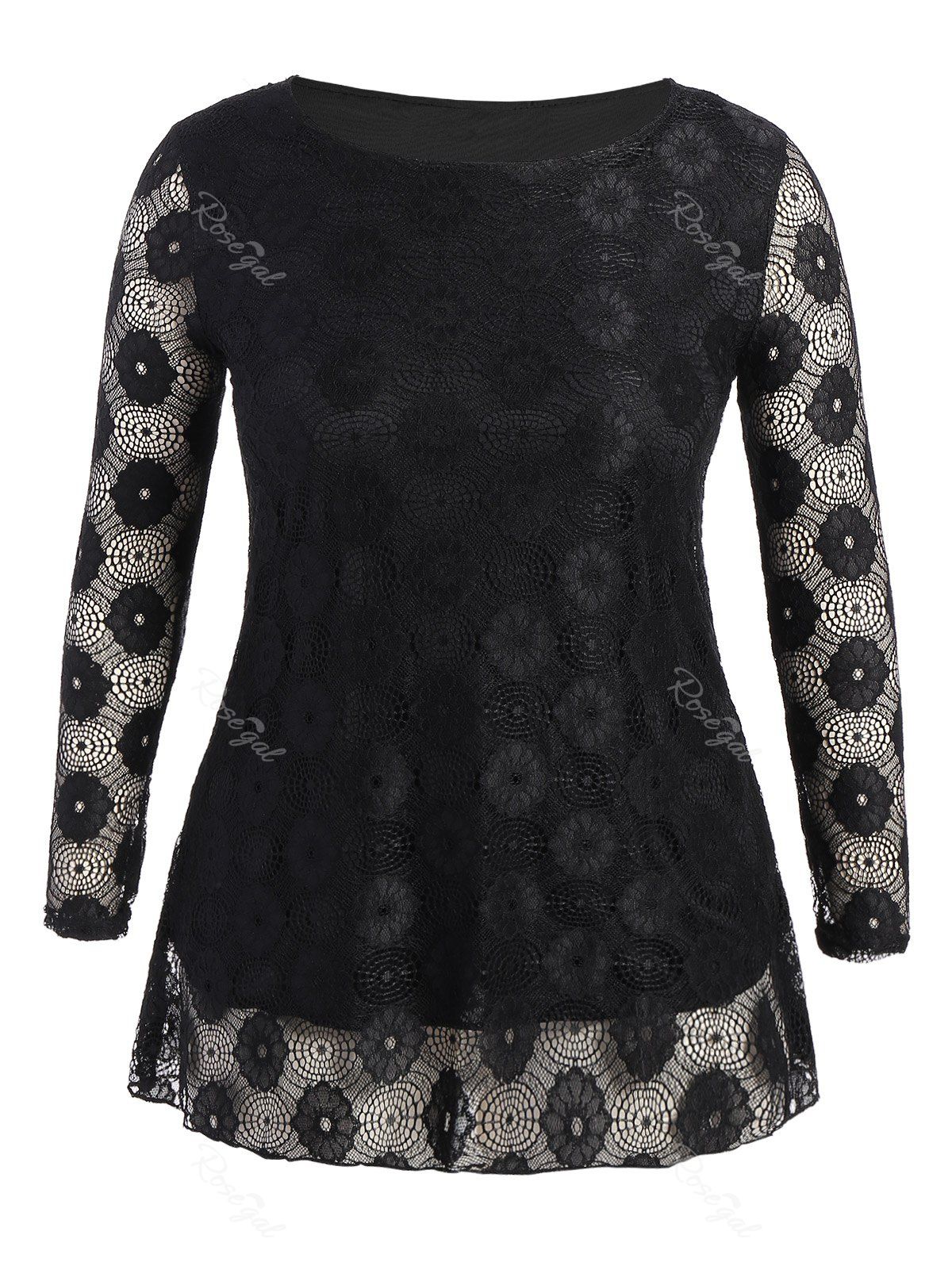 Black 3xl Plus Size Long Sleeve Lace Top | RoseGal.com