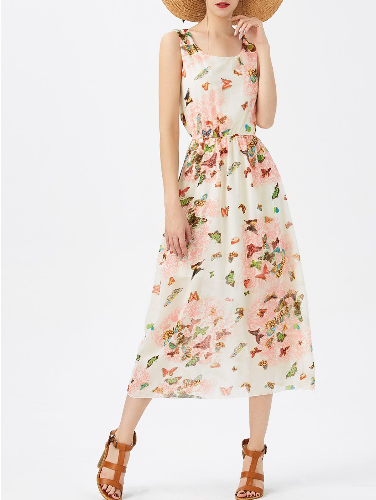 [13% OFF] A Line Butterfly Pattern Chiffon Dress | Rosegal