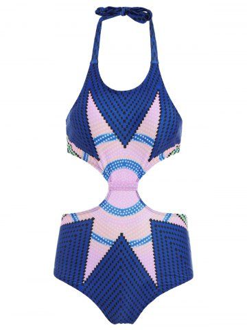 round neck backless cutout patchwork color block one piece swimwear