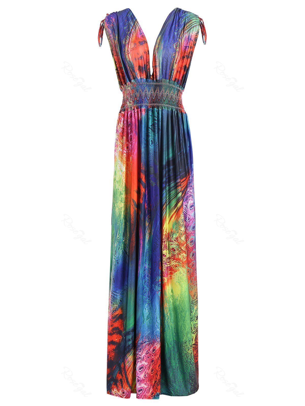 

Plunging Neck Feather Print Sleeveless Maxi Dress, Colormix