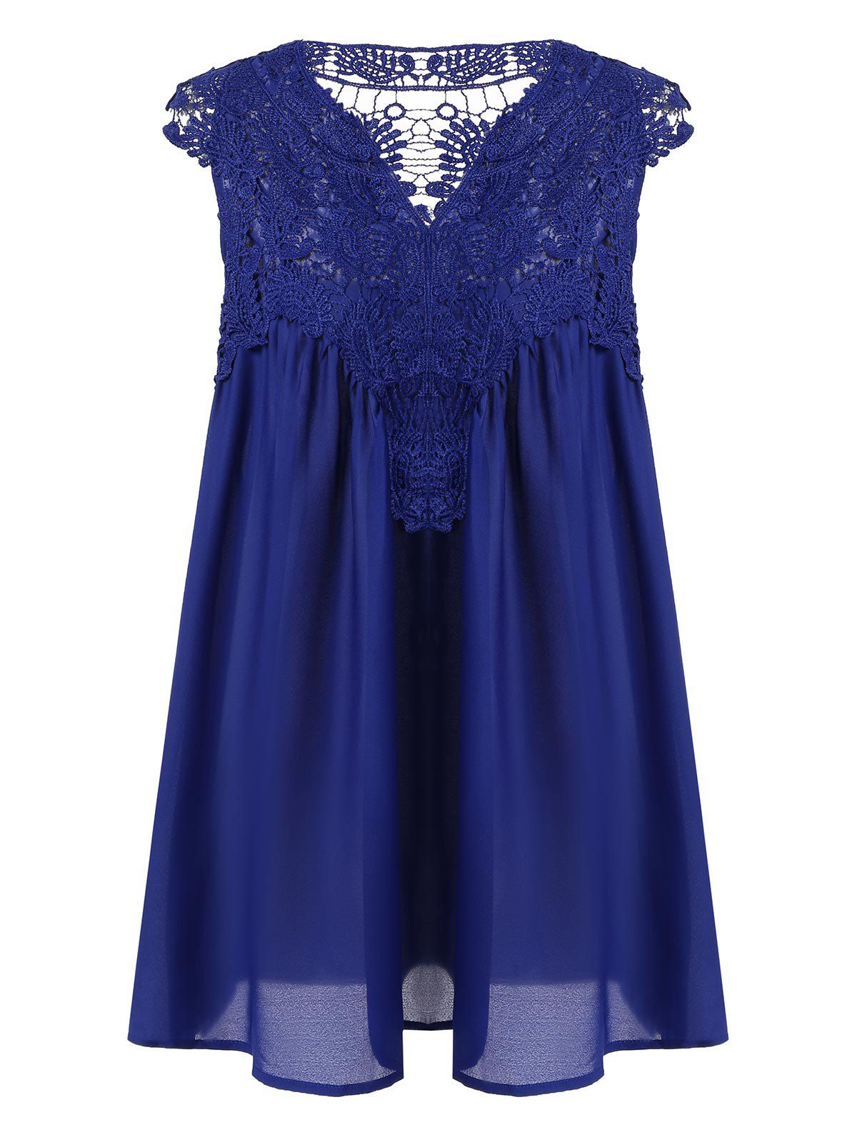2018 Sleeveless Lace Splicing Draped Blouse In Sapphire Blue 3xl ...