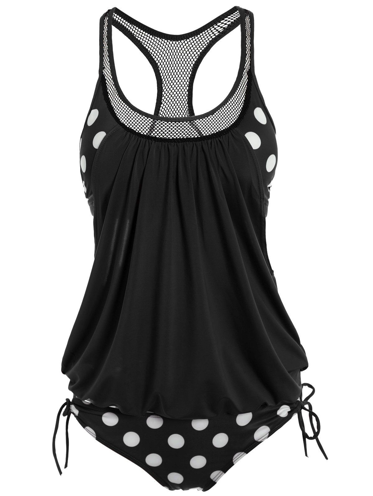 Black 2xl Polka Dot Print Round Neck Racerback Tankini With Padded Bra ...