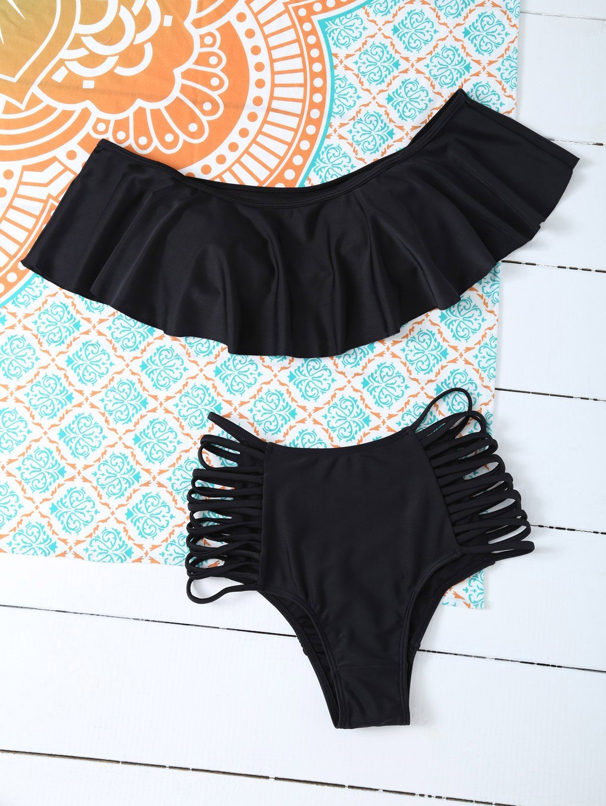 

Ruffles Padded Top With High Waisted Briefs Bikini Swimsuit, Black