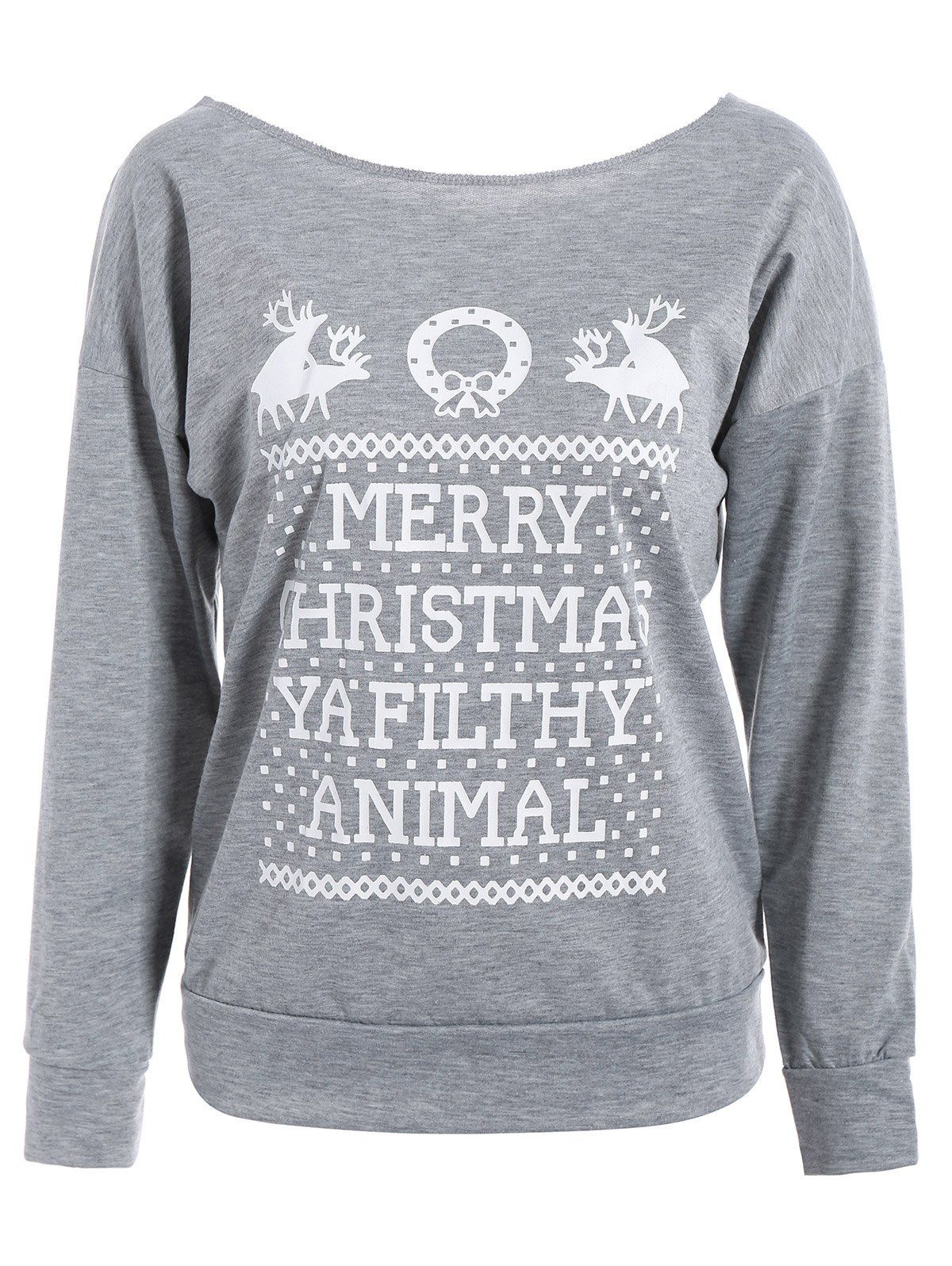 

Merry Christmas Print Skew Neck Pullover Sweatshirt, Gray