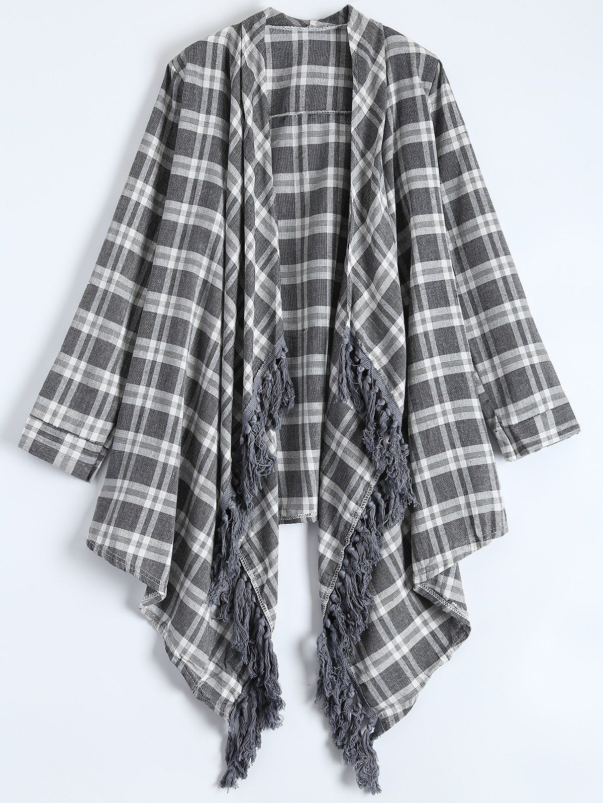 

Chic Turn-Down Neck 3/4 Sleeve Plaid Asymmetrical Women's Cardigan, Gray