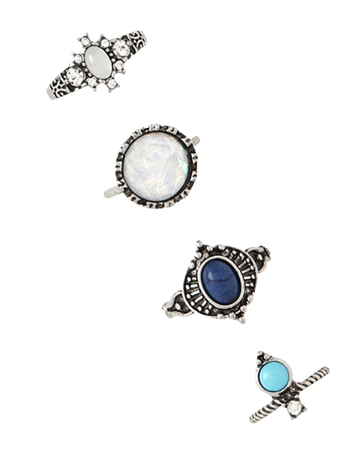 

4 PCS Faux Gem Inlay Retro Geometry Rings, Silver