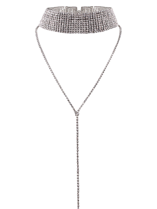

Long Wide Rhinestone Choker Necklace, Silver