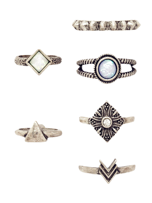 

6 PCS Faux Gem Tribal Geometry Retro Rings, Silver