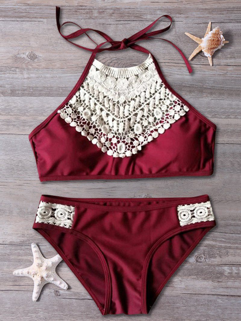 [27 OFF] Lace Spliced Cut Out Halter Top Bikini Rosegal