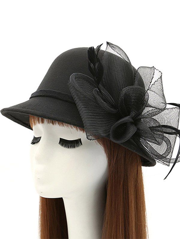 

Mesh Yarn Flower Feather Fedora Hat, Black
