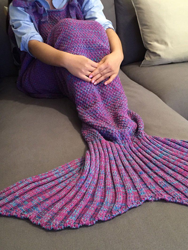 

Exquisite Comfortable Drawstring Style Knitted Mermaid Design Throw Blanket, Purple