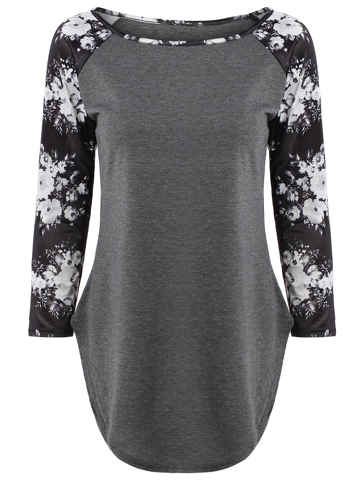 [47 OFF] Floral Print Long Sleeve Slit TShirt Rosegal