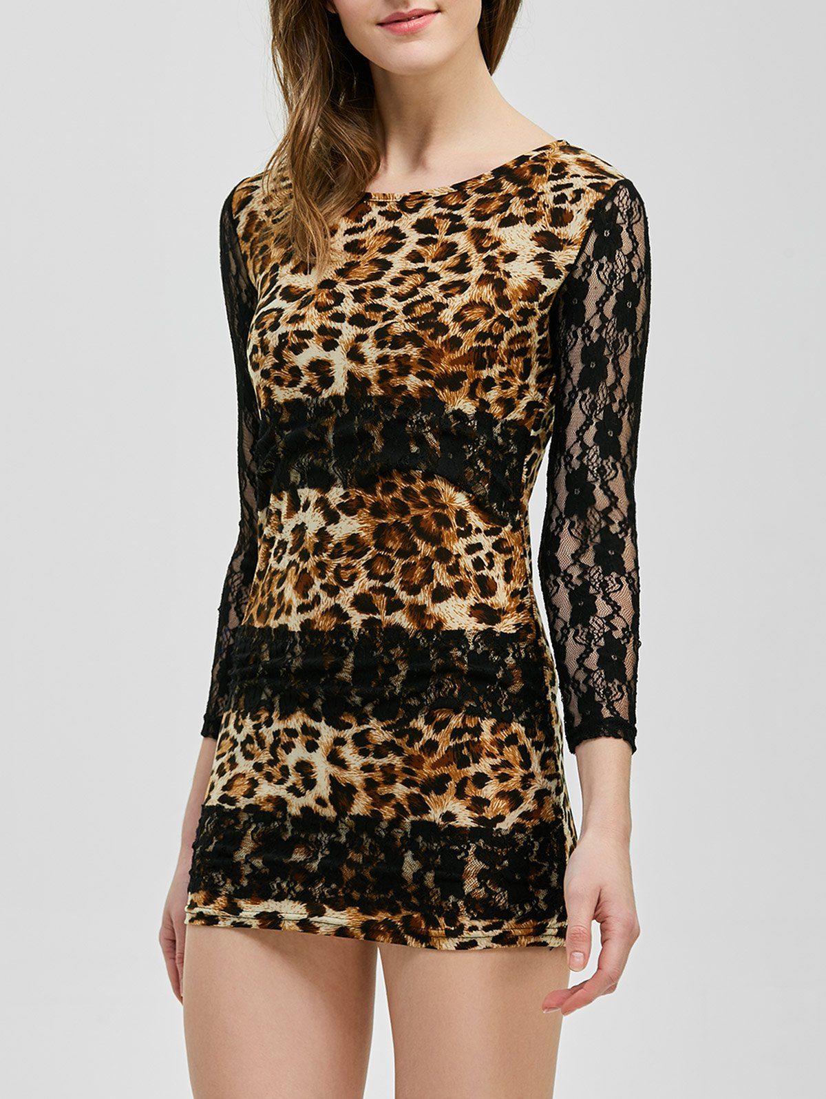 [55% OFF] Mini Lace Panel Leopard Sheer Club Dress | Rosegal