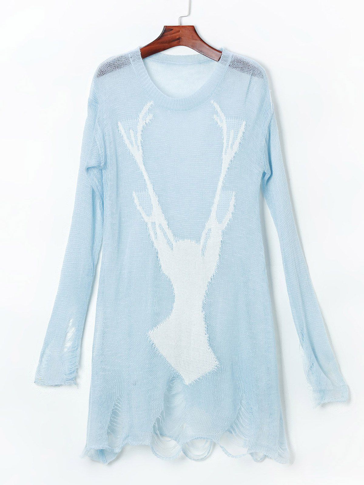 

Open Knit Reindeer Ripped Sweater, Light blue