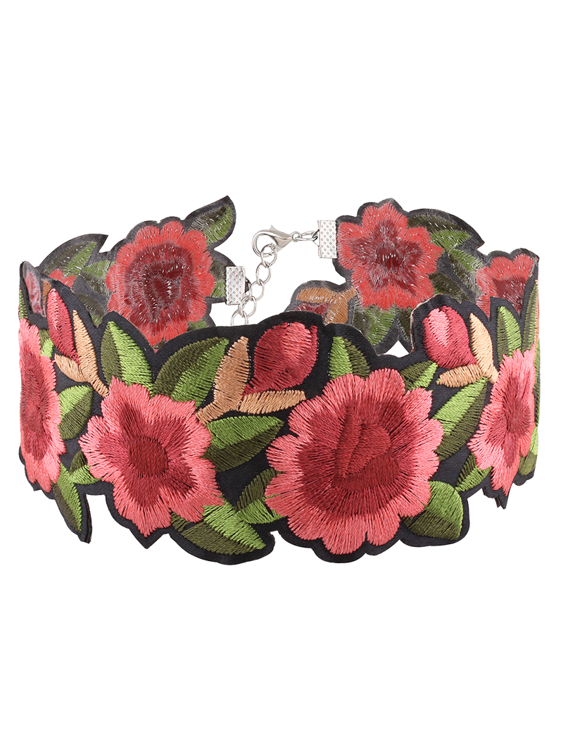2018 Flower Embroidered Choker Necklace In Red