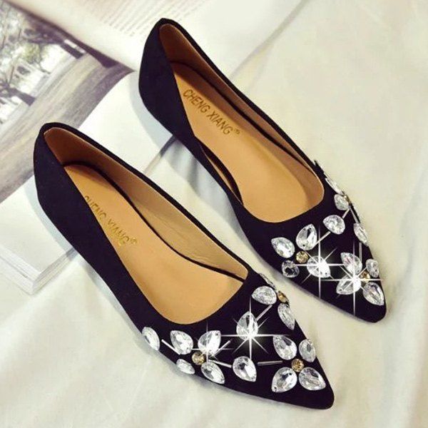 

Rhinestones Suede Flat Shoes, Black