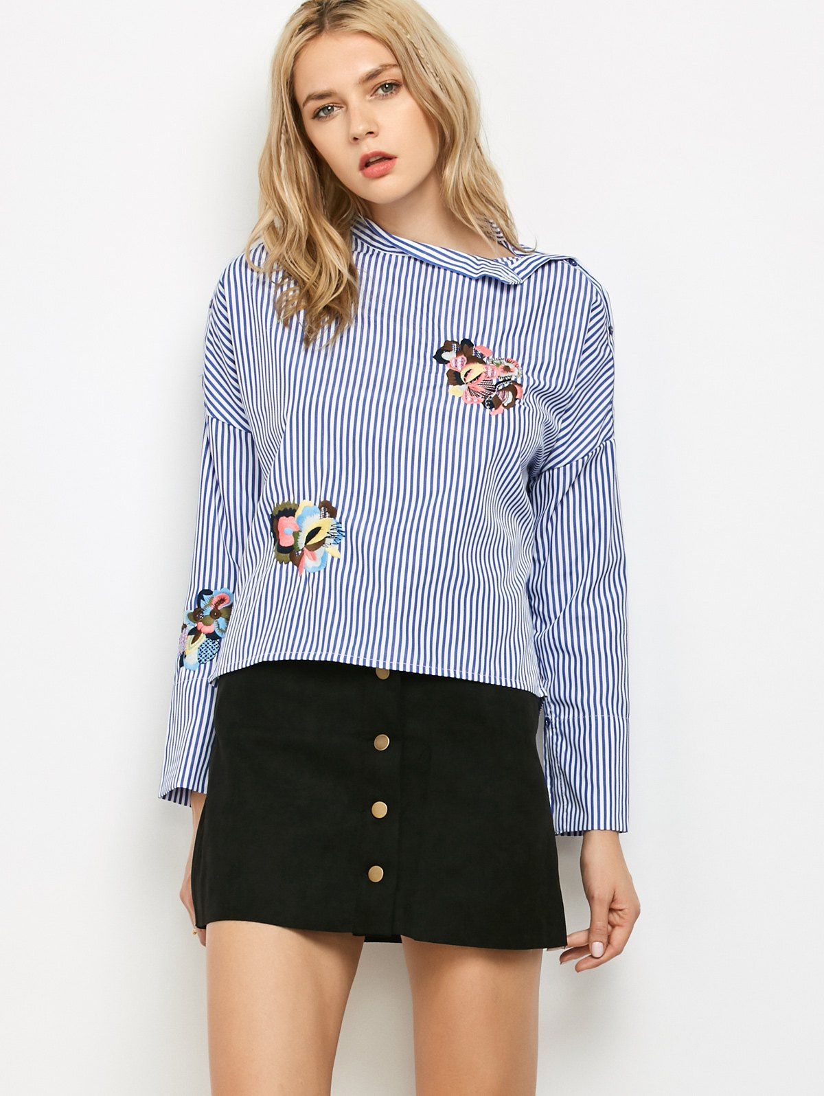 affordable stand neck long sleeve striped embroidered blouse