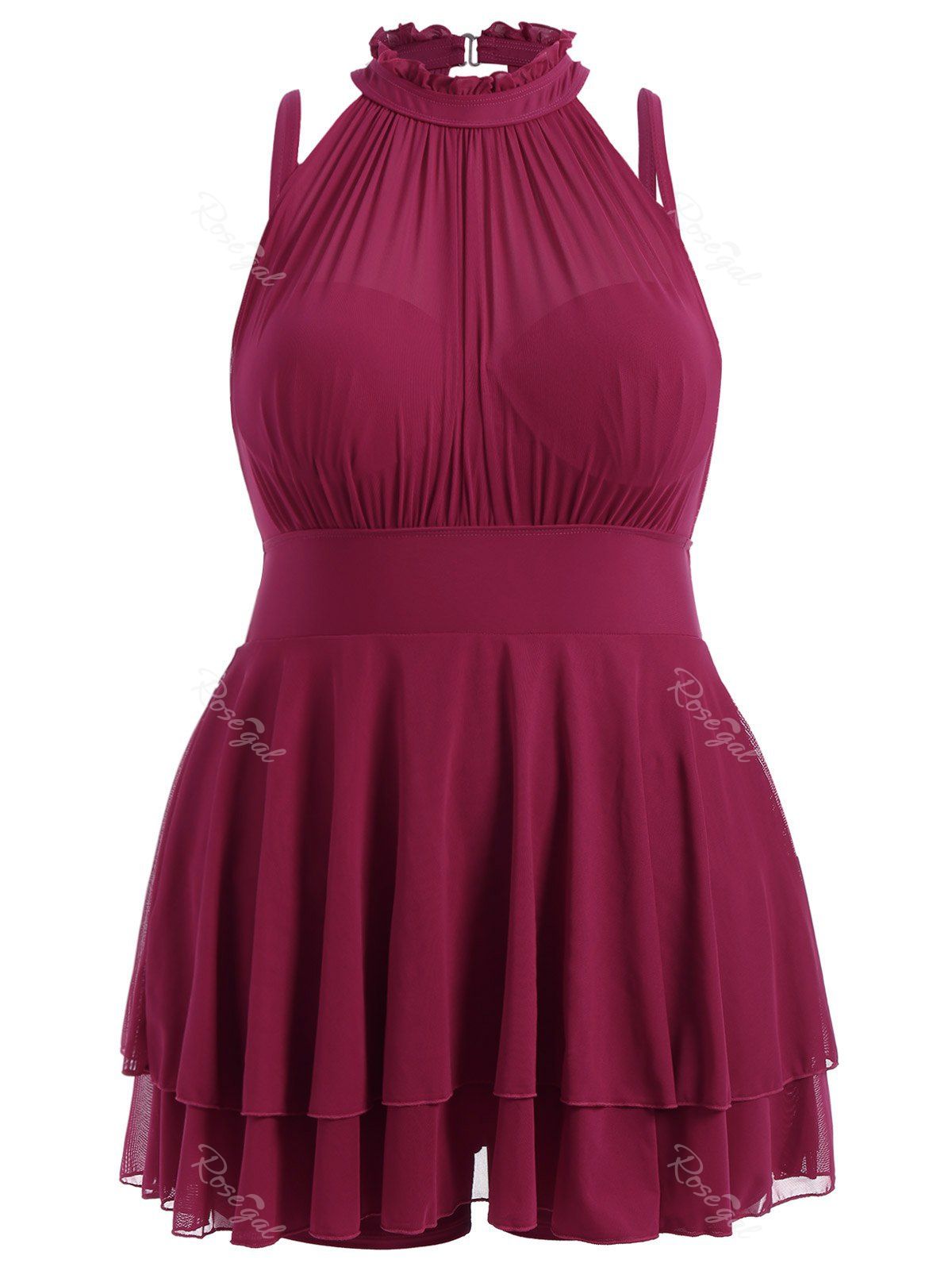 

Plus Size Sleeveless High Neck Chiffon Skirted Swimsuit, Deep red