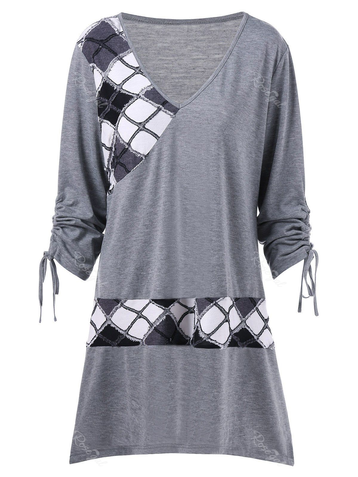 [35% OFF] Plus Size Tie Sleeve Plaid Longline T-Shirt | Rosegal