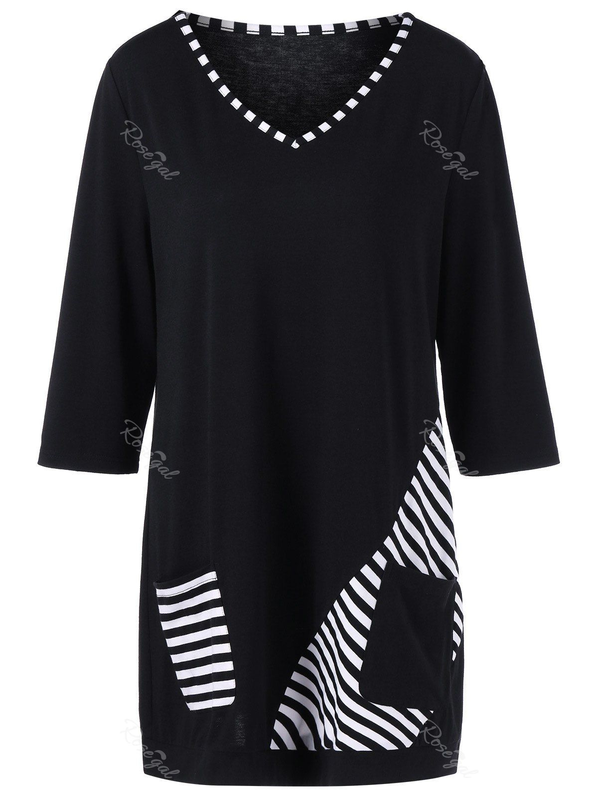 

Plus Size Striped Trim Pockets Longline T-Shirt, White and black