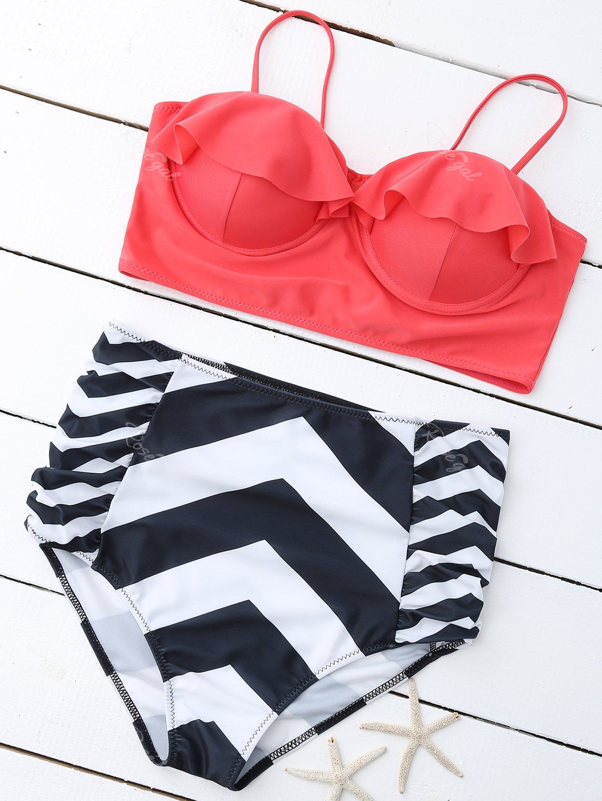 

Plus Size Cute High Waist Striped Padded Bikini, Colormix