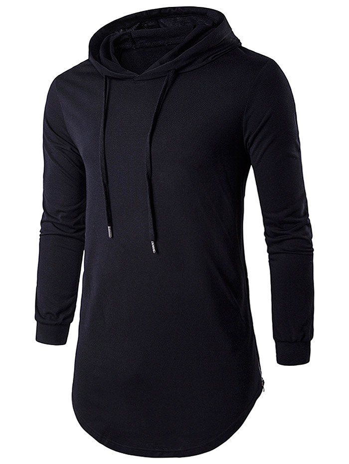 

Hooded Drawstring Long Hip Hop T-Shirt, Black