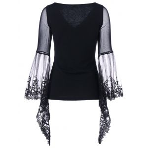 Black 2xl Flare Sleeve Sheer Lace Trim T-shirt | RoseGal.com