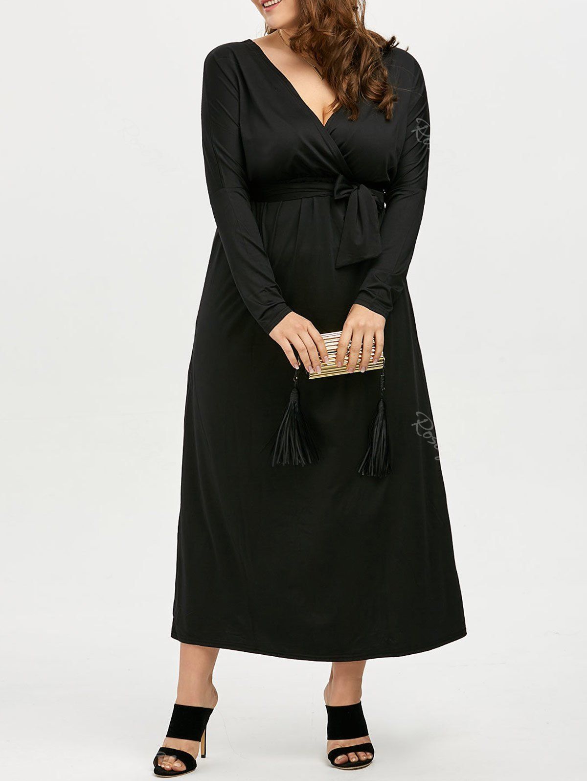 Buy Plus Size Deep V Neck Maxi Evening Dress with Long Sleeve  