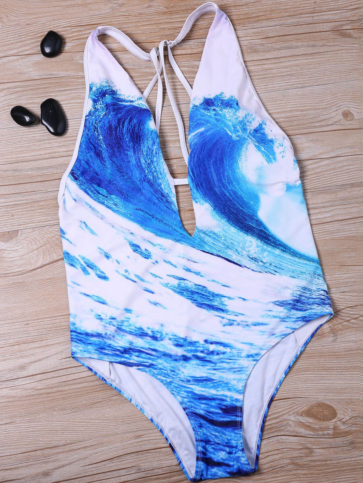 Blue/white L Seawater Low Cut Padded Onepiece Swimsuit