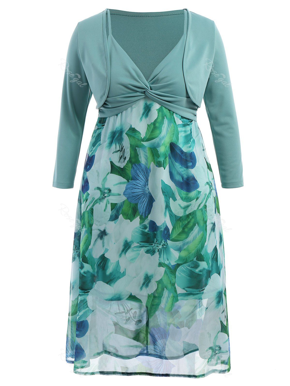 Light Green 6xl Plus Size Midi Flower Dress With Jacket