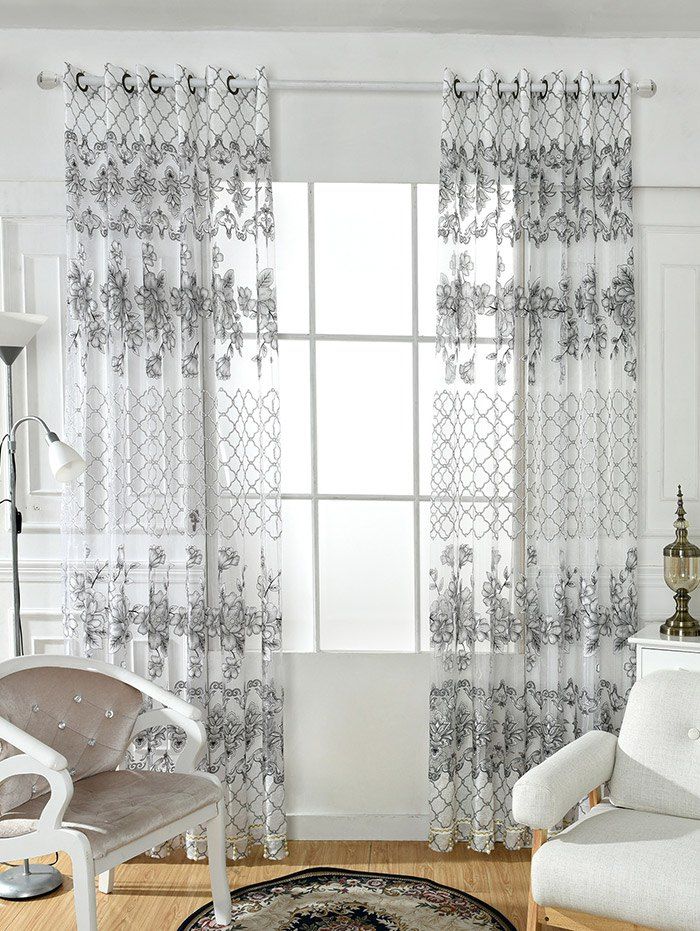 

Floral Embroidered Perforate Tulle Window Curtain, Light gray