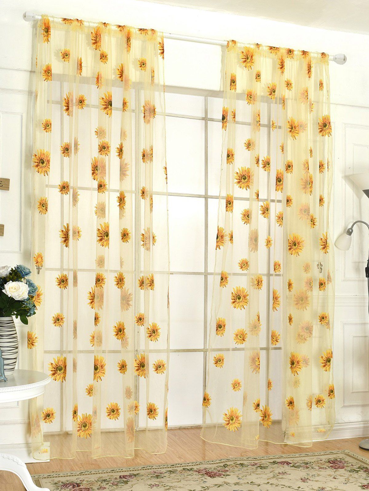 Chic Sunflower Print Fabric Tulle Window Curtain  