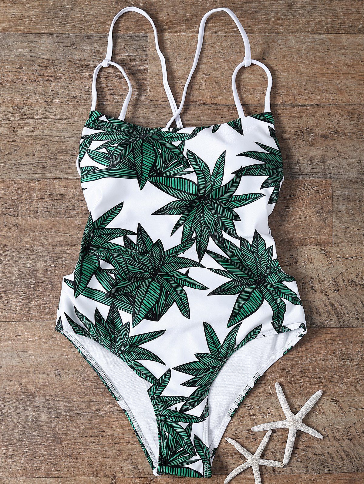 [40 Off] Strappy Leaf Print One Piece Swimsuit Rosegal