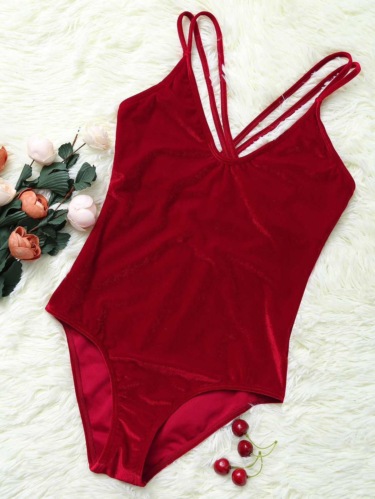 

Double Cross Straps Velvet Backless Swimsuit, Burgundy