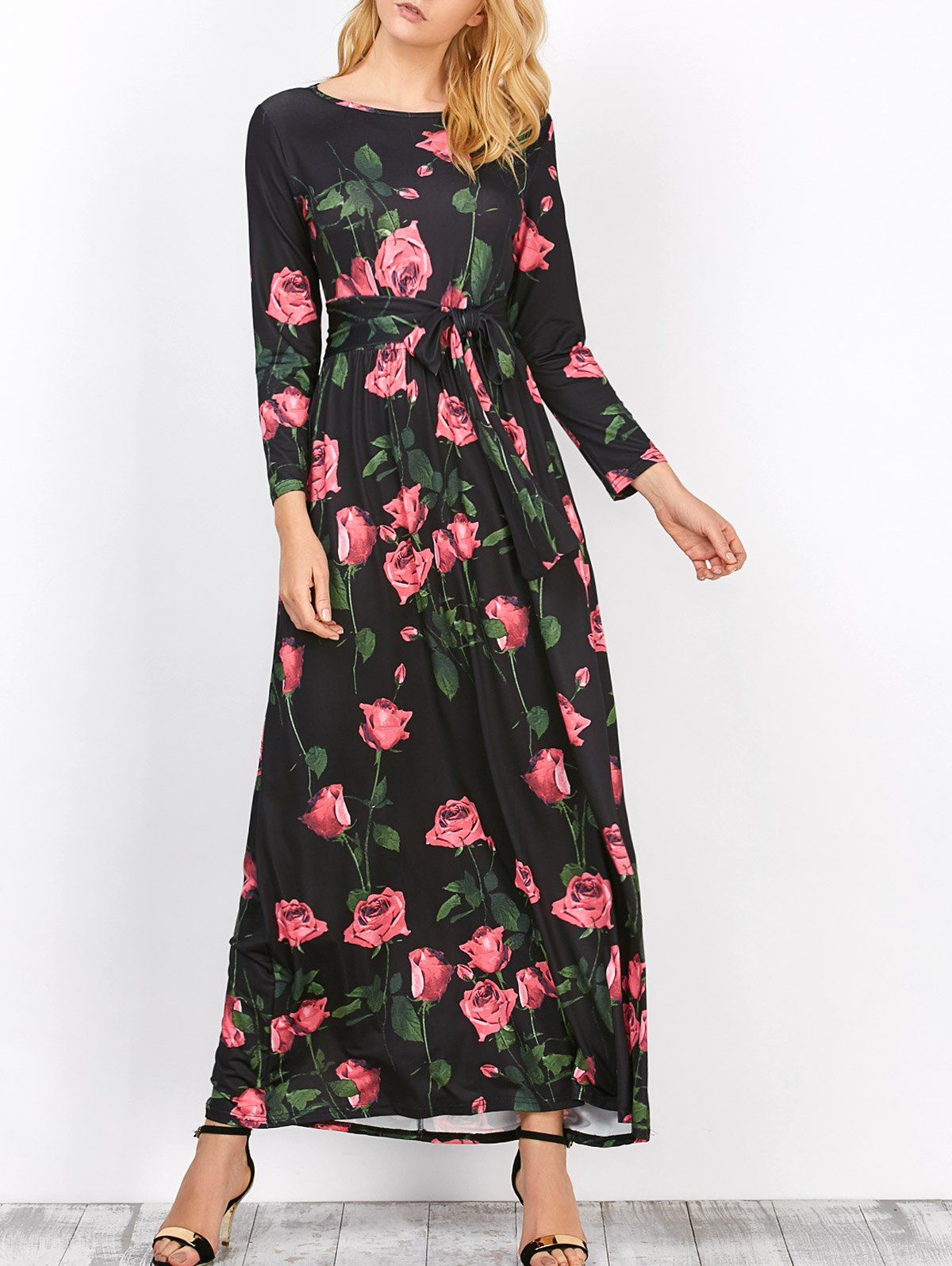 [10% OFF] Floral Long Sleeve Maxi Prom Dress | Rosegal