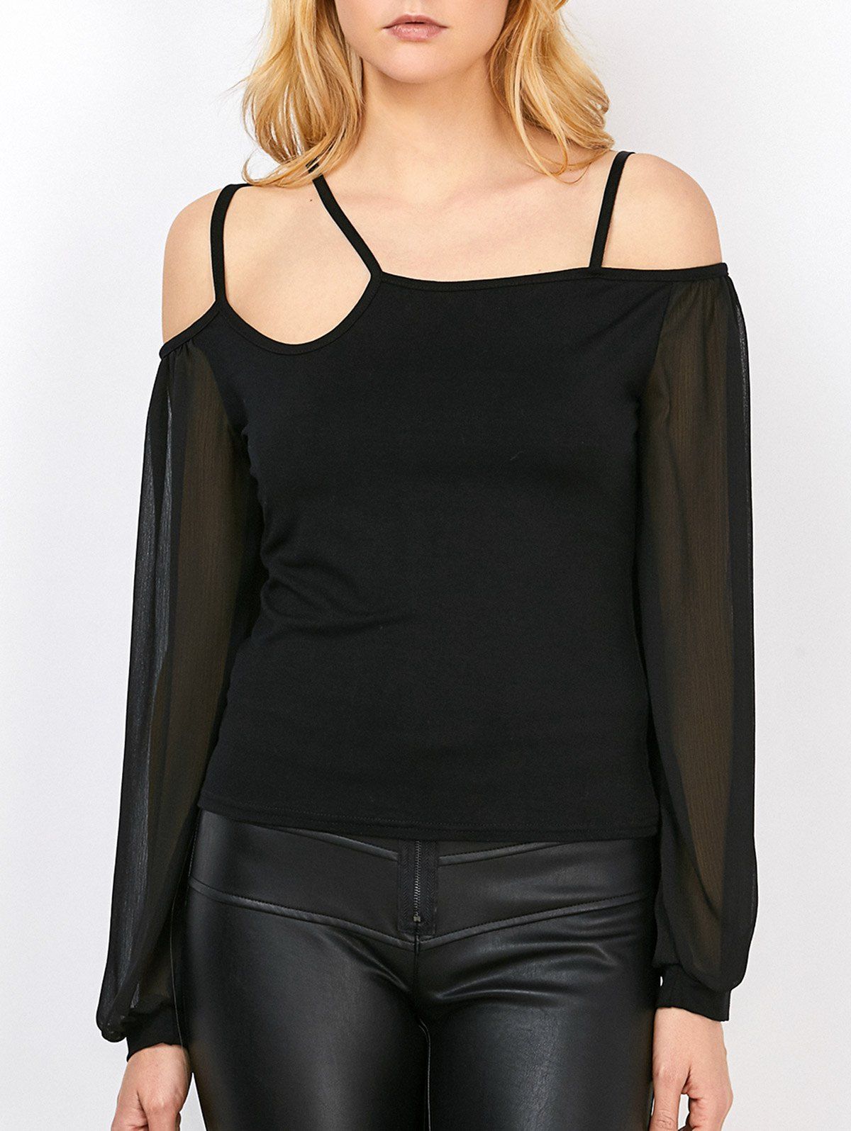 [9% OFF] Open Shoulder Strappy Sheer Insert Mesh T-Shirt | Rosegal